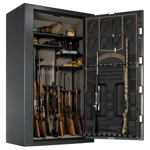 Browning silver tall 49 gun safe open and stocked