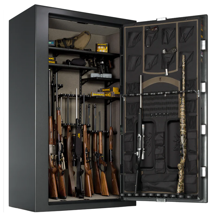 Browning silver tall 49 gun safe open and stocked