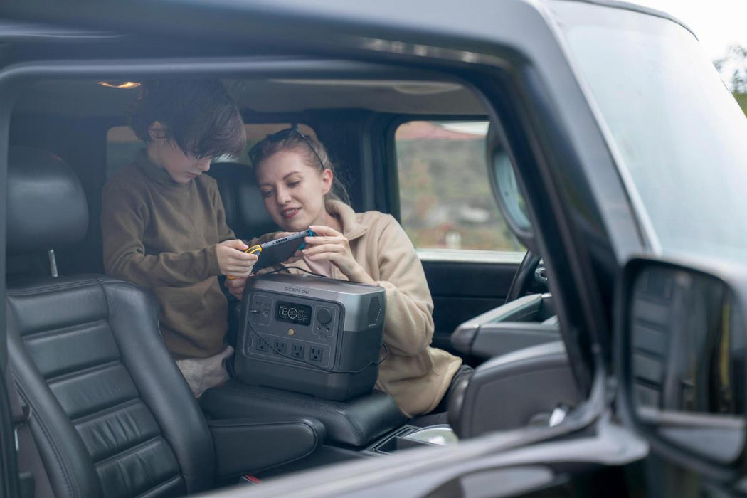 ecoflow river 2 pro portable power station charges from a car to power small devices