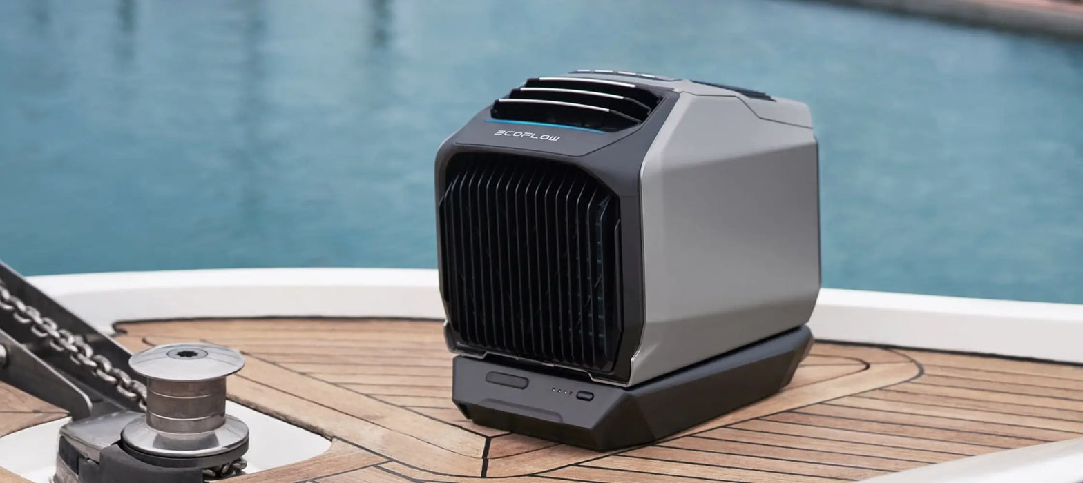 EcoFlow Wave 2 Portable Air Conditioner with add on battery on a boat